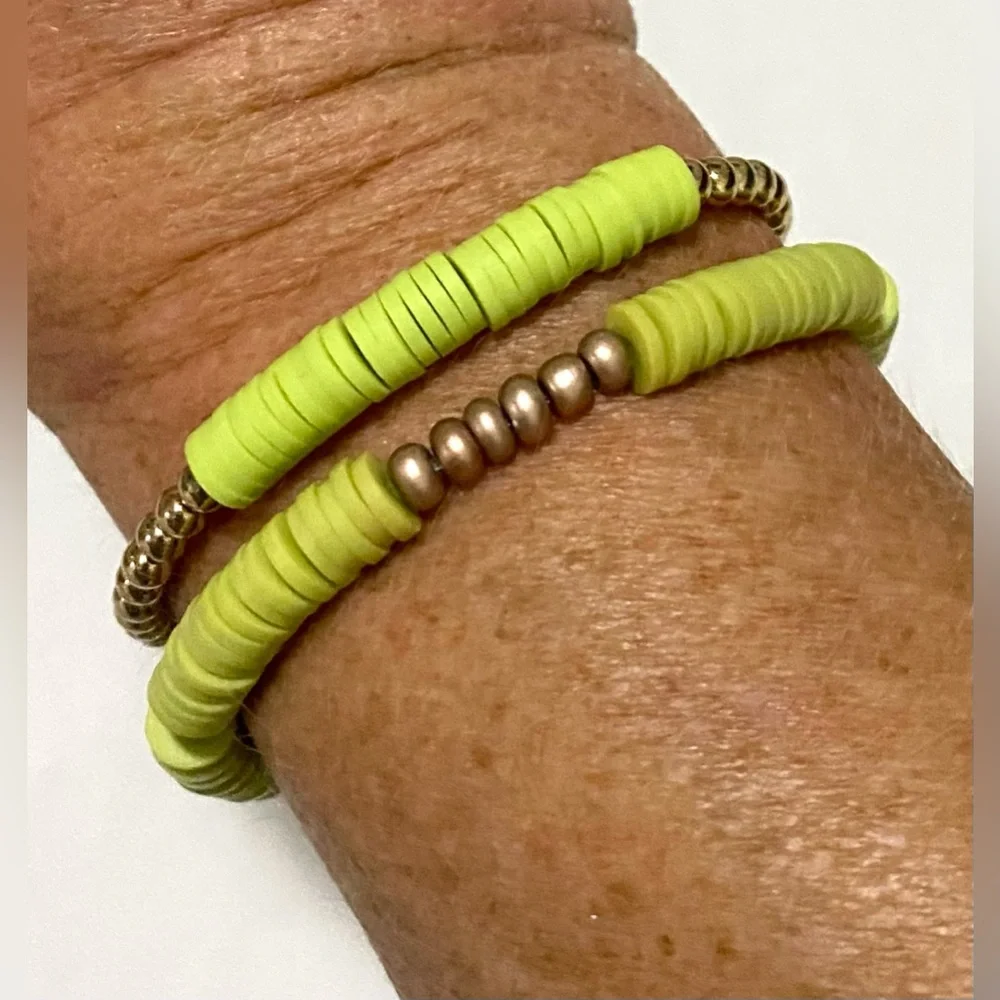 Green Gold Heishi Clay Beaded Bracelets Boho Preppy Y2K Eclectic Fall Festival